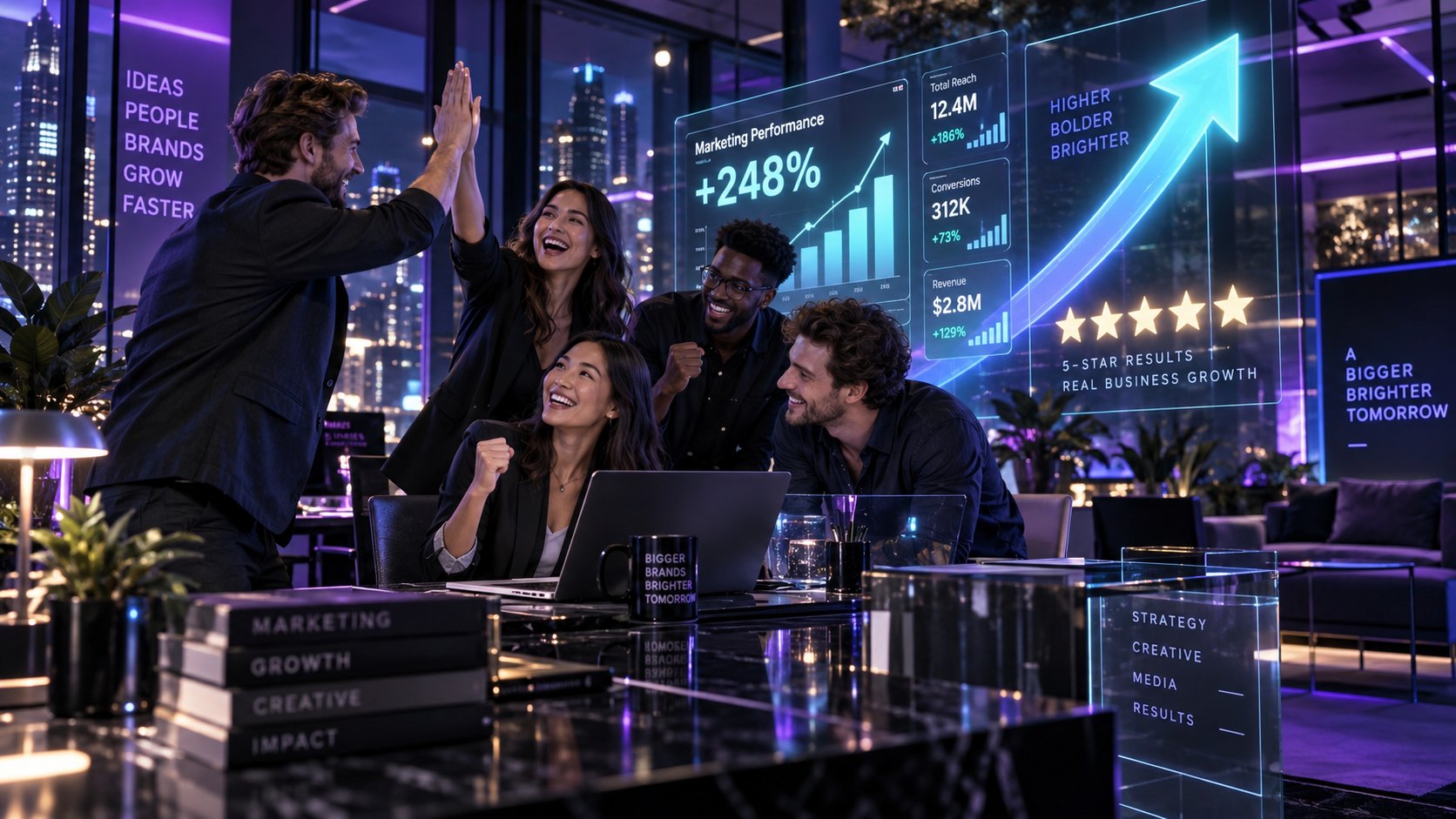A marketing team celebrating real business growth and 5-star results